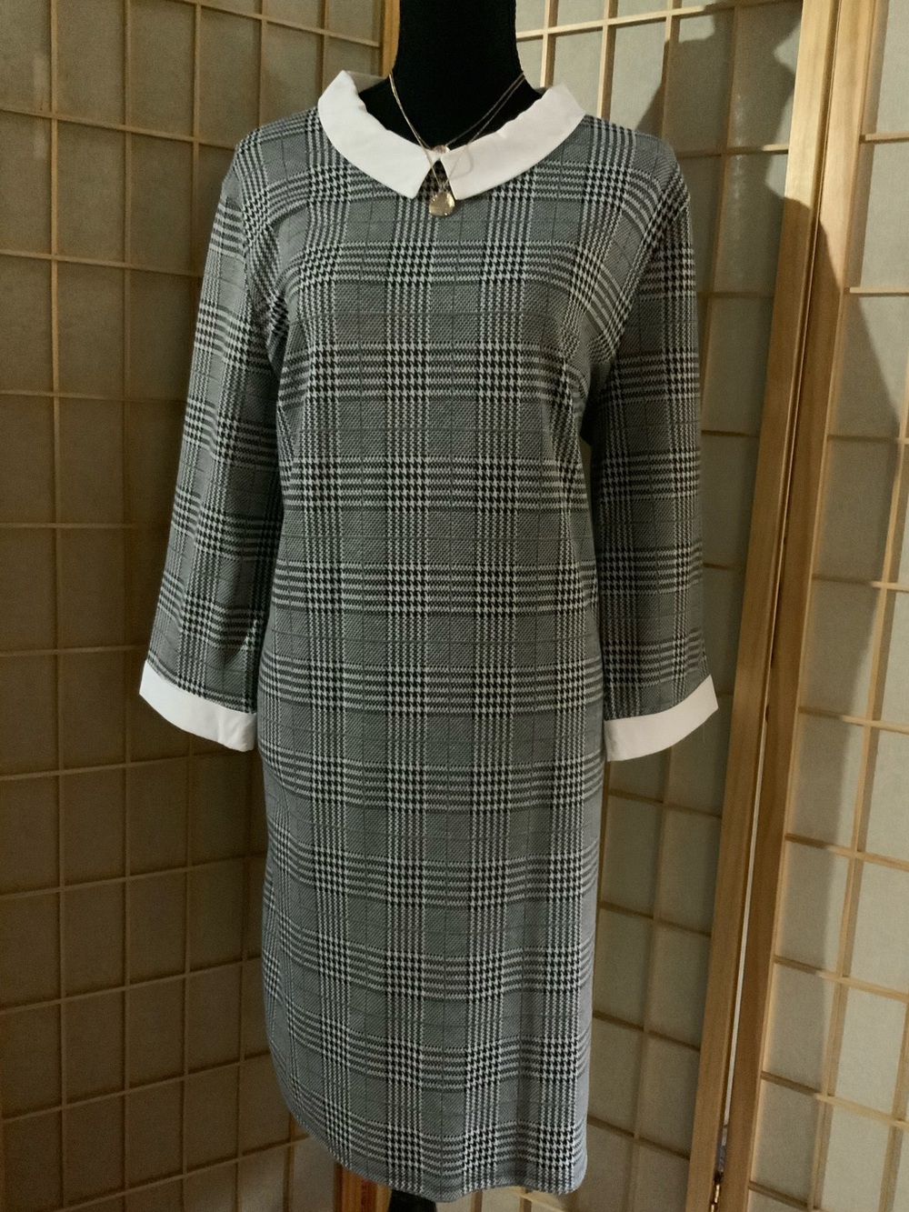 Black & White Plaid Long Sleeve Dress with Contrast Collar